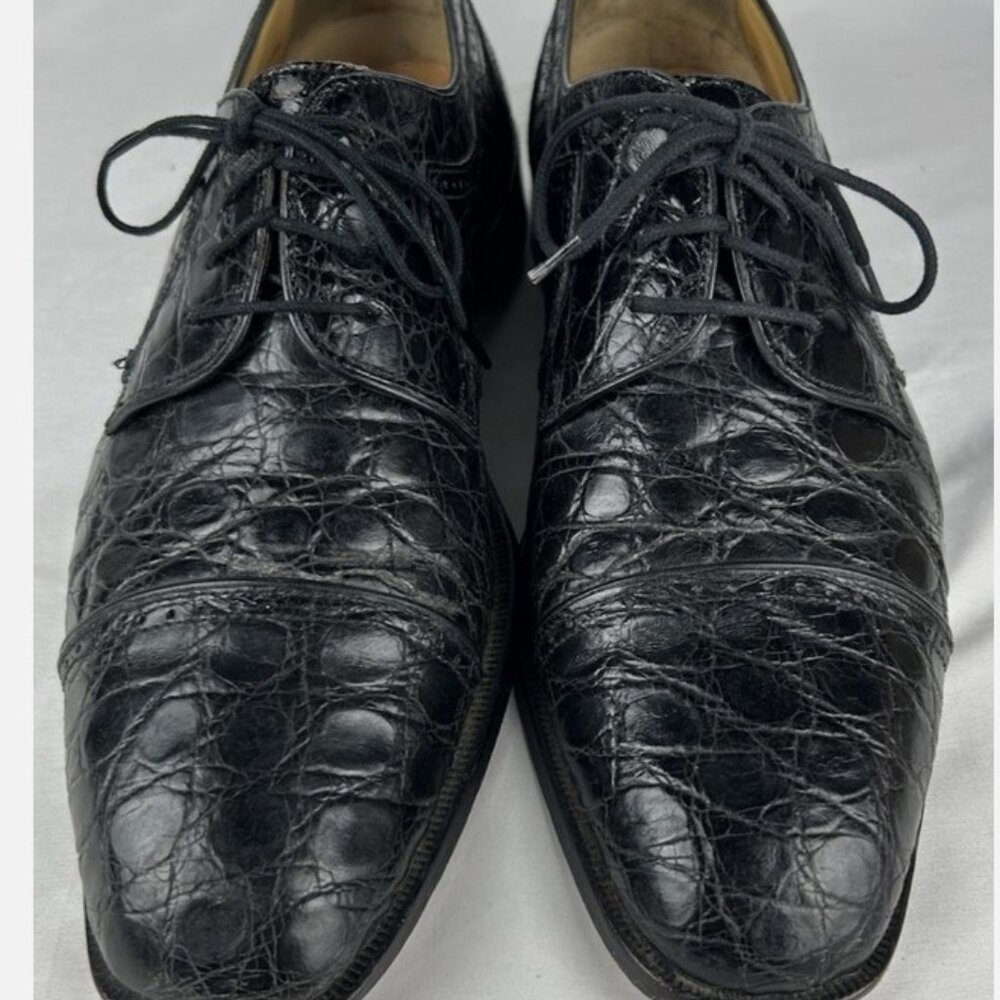 Zelli Genuine Crocodile Black Leather Lace Up Cap Toe Blucher Mens 9.5 M Italy